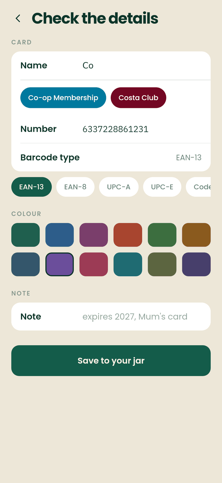 The CardJar check-the-details screen before saving: the name, the shop it matched, the number, the barcode type and a choice of colours, with a note field
