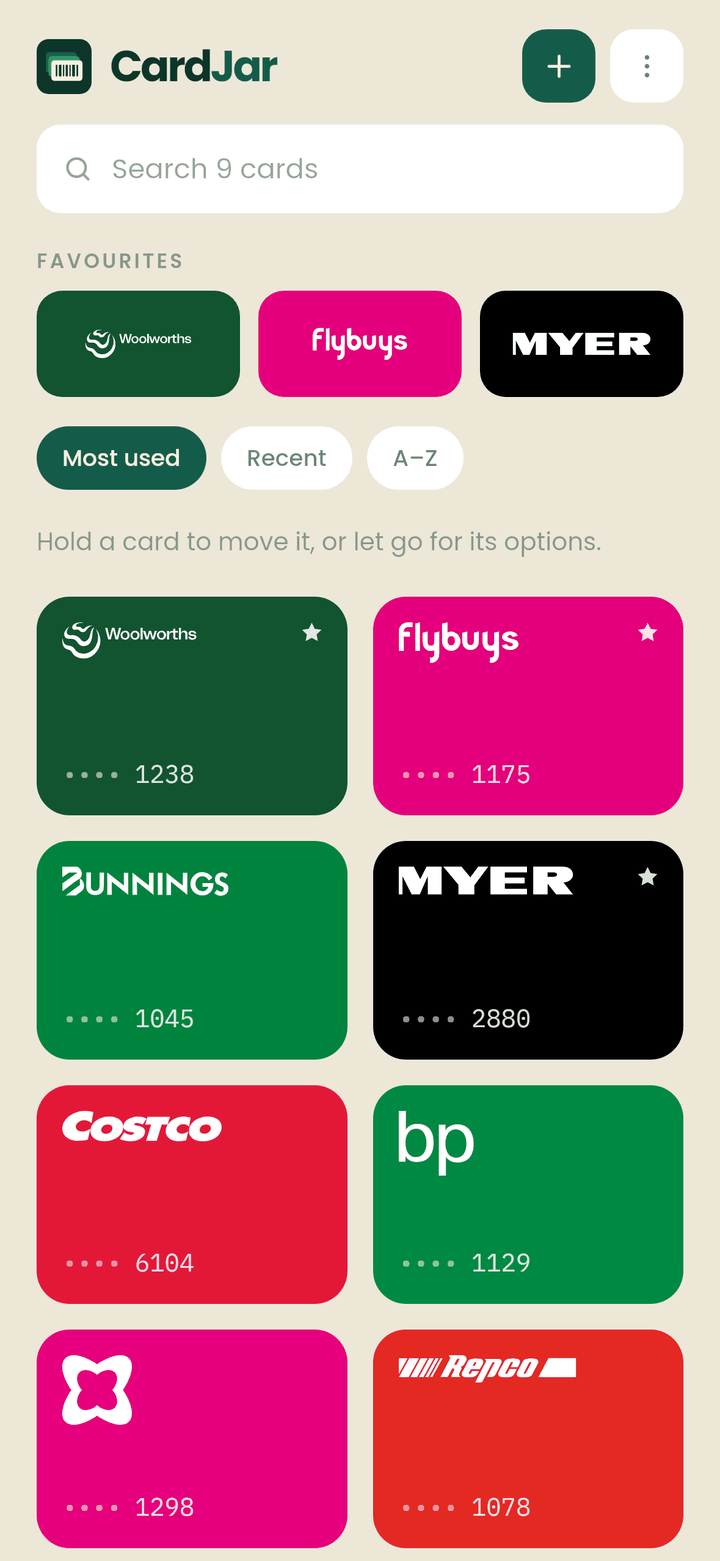 The CardJar jar screen: a grid of loyalty cards in each retailer's own colour, with Everyday Rewards, flybuys and MYER one pinned as favourites