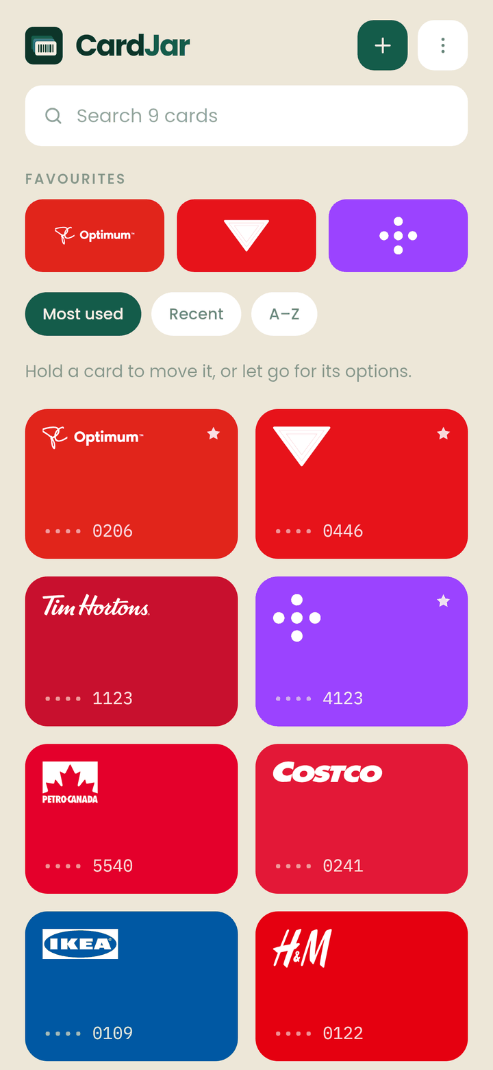 The CardJar jar screen: a grid of loyalty cards in each retailer's own colour, with PC Optimum, Triangle Rewards and Scene+ pinned as favourites