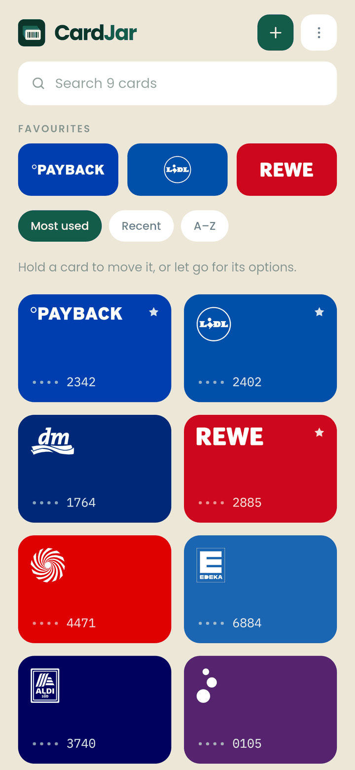 The CardJar jar screen: a grid of loyalty cards in each retailer's own colour, with PAYBACK, Lidl Plus and REWE pinned as favourites