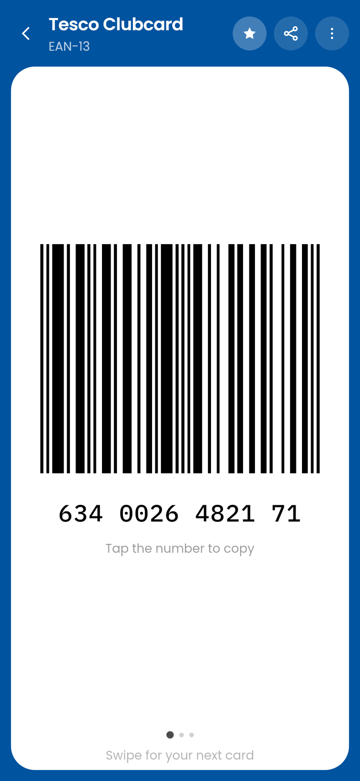 Tesco Clubcard on the CardJar till screen: its EAN-13 barcode on a white plate, with the number underneath