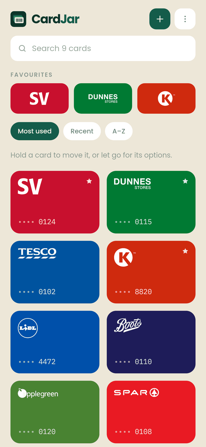 The CardJar jar screen: a grid of loyalty cards in each retailer's own colour, with SuperValu, VALUEclub and Circle K Extra pinned as favourites