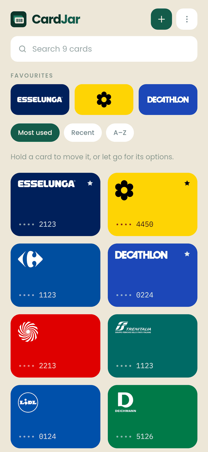 The CardJar jar screen: a grid of loyalty cards in each retailer's own colour, with Esselunga Fìdaty, Carta Insieme and Decathlon pinned as favourites
