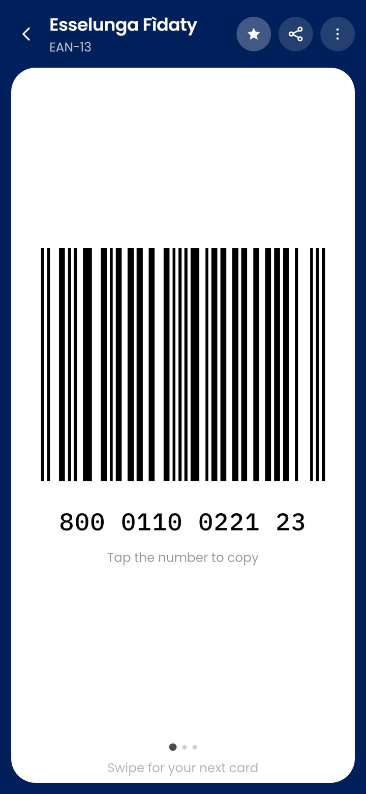 Esselunga Fìdaty on the CardJar till screen: its EAN-13 barcode on a white plate, with the number underneath