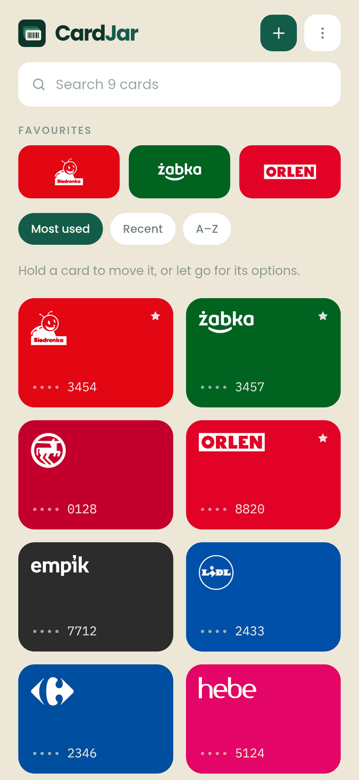 The CardJar jar screen: a grid of loyalty cards in each retailer's own colour, with Moja Biedronka, Żappka and ORLEN VITAY pinned as favourites