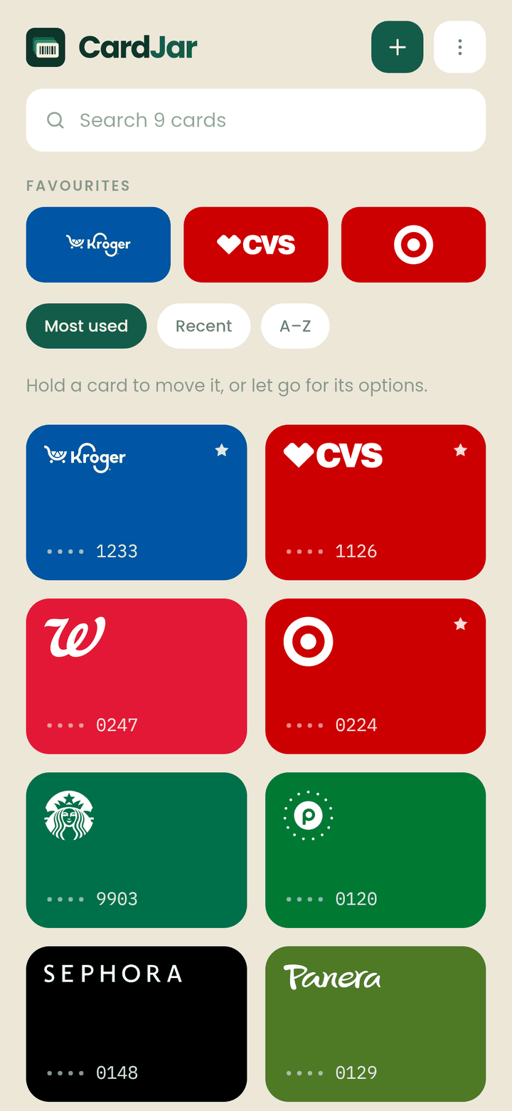 The CardJar jar screen: a grid of loyalty cards in each retailer's own colour, with Kroger Plus Card, CVS ExtraCare and Target Circle pinned as favourites