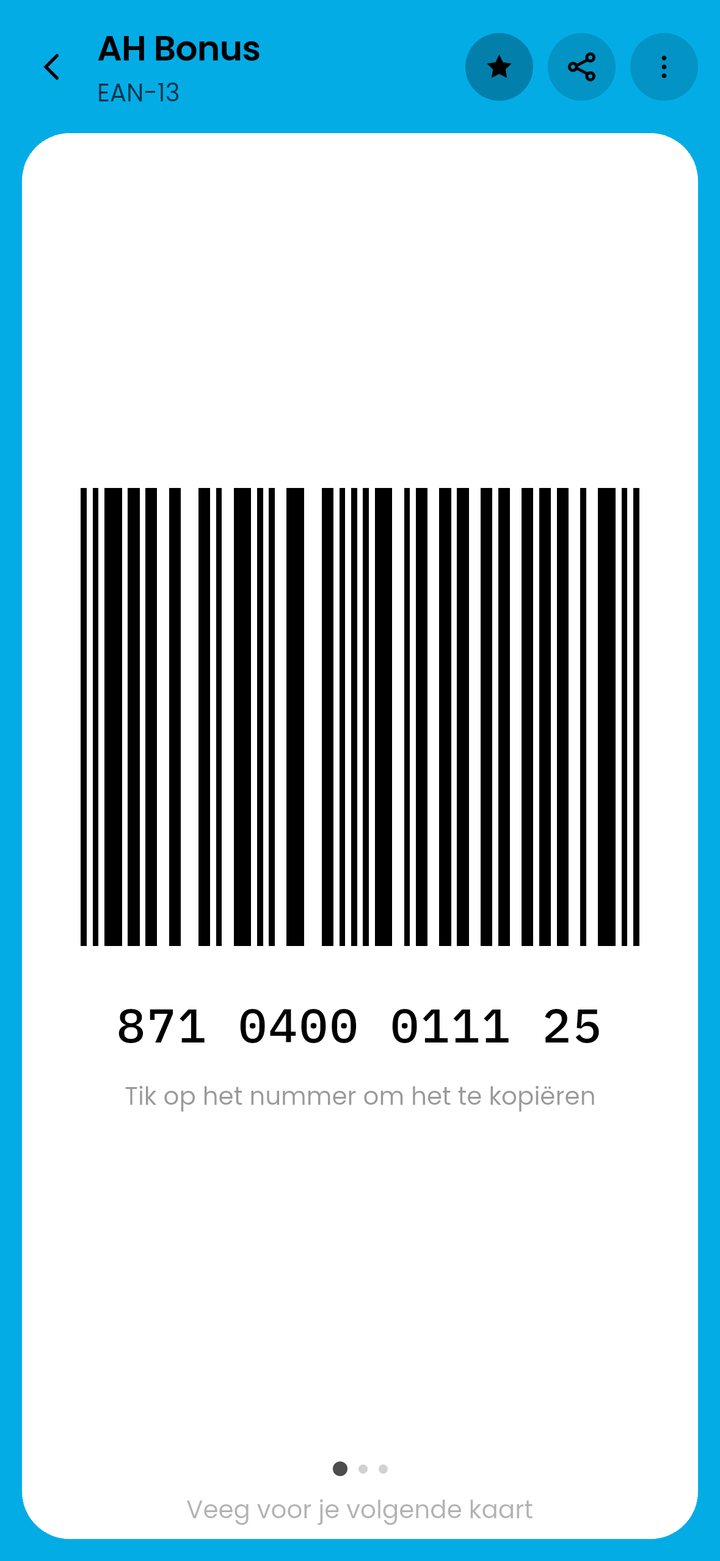 Het kassascherm van CardJar met een EAN-13 streepjescode op wit en het nummer eronder