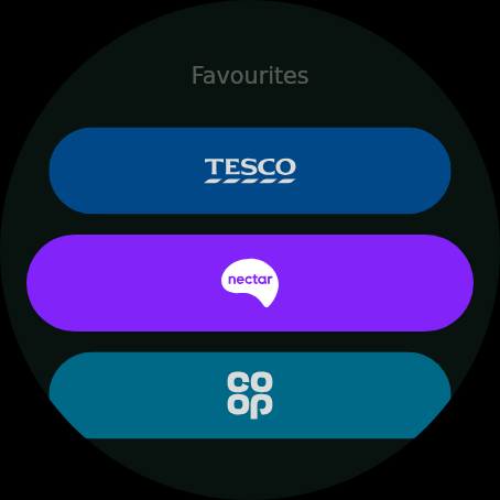 The CardJar watch app's favourites: Tesco Clubcard, Nectar and Co-op Membership as three tiles, each in its own retailer's colour, on a round watch face